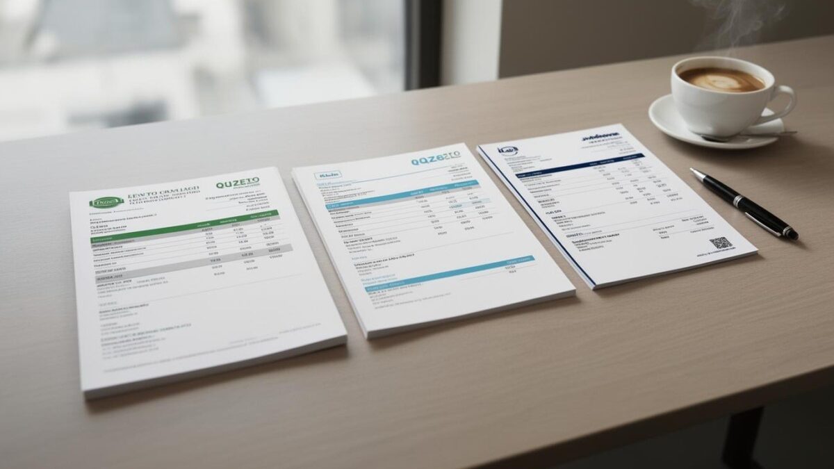 Three printed vendor quotes laid side by side on a desk with a pen