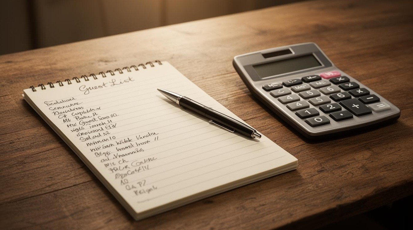 A handwritten guest list on a notepad beside a calculator