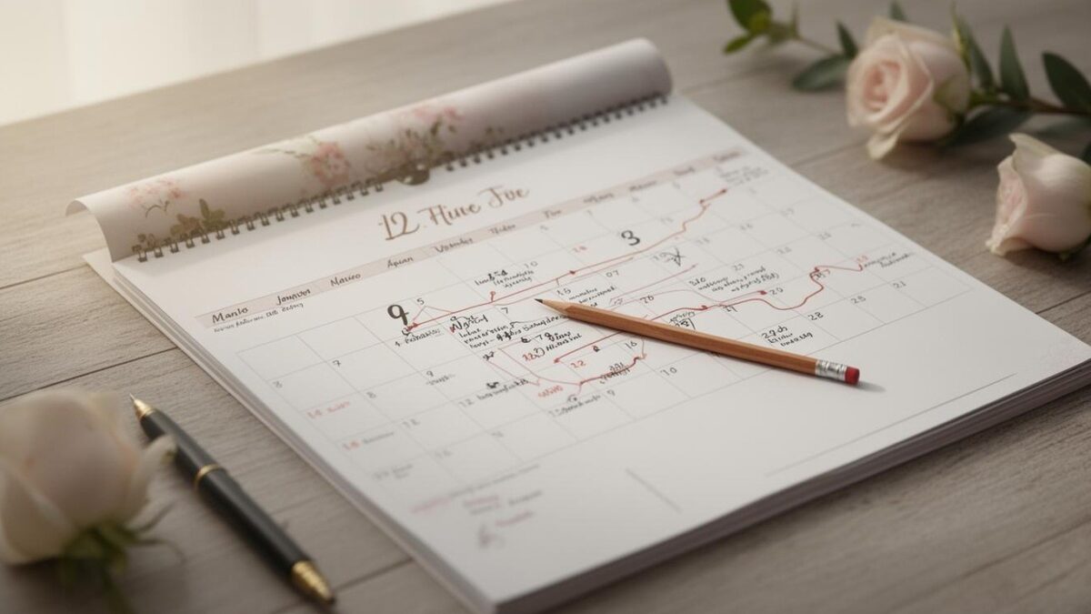 A wall calendar marked with wedding milestones and a pencil