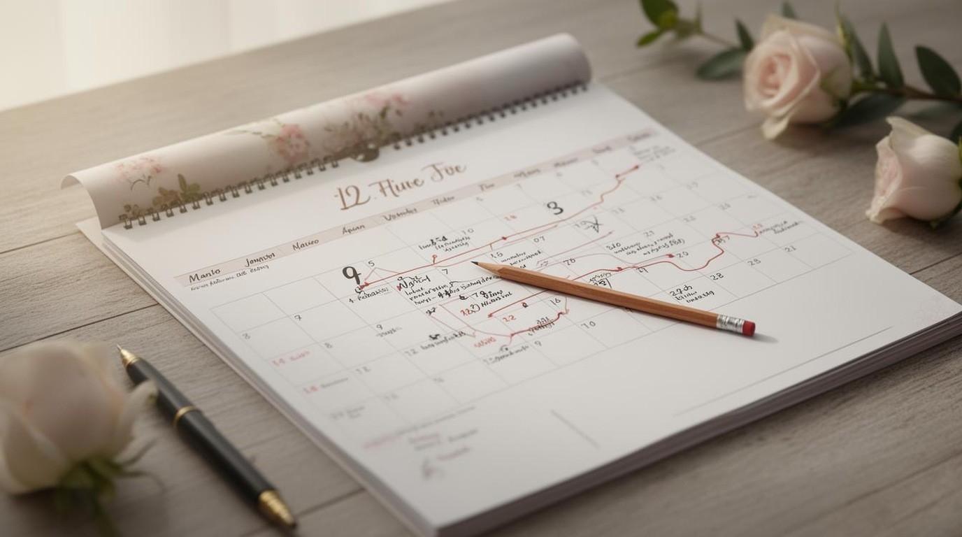 A wall calendar marked with wedding milestones and a pencil