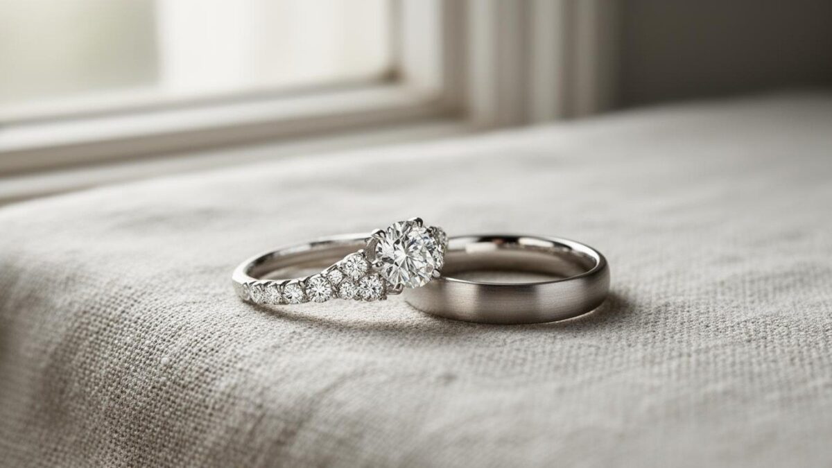 An engagement ring and a plain band resting together on a linen cloth